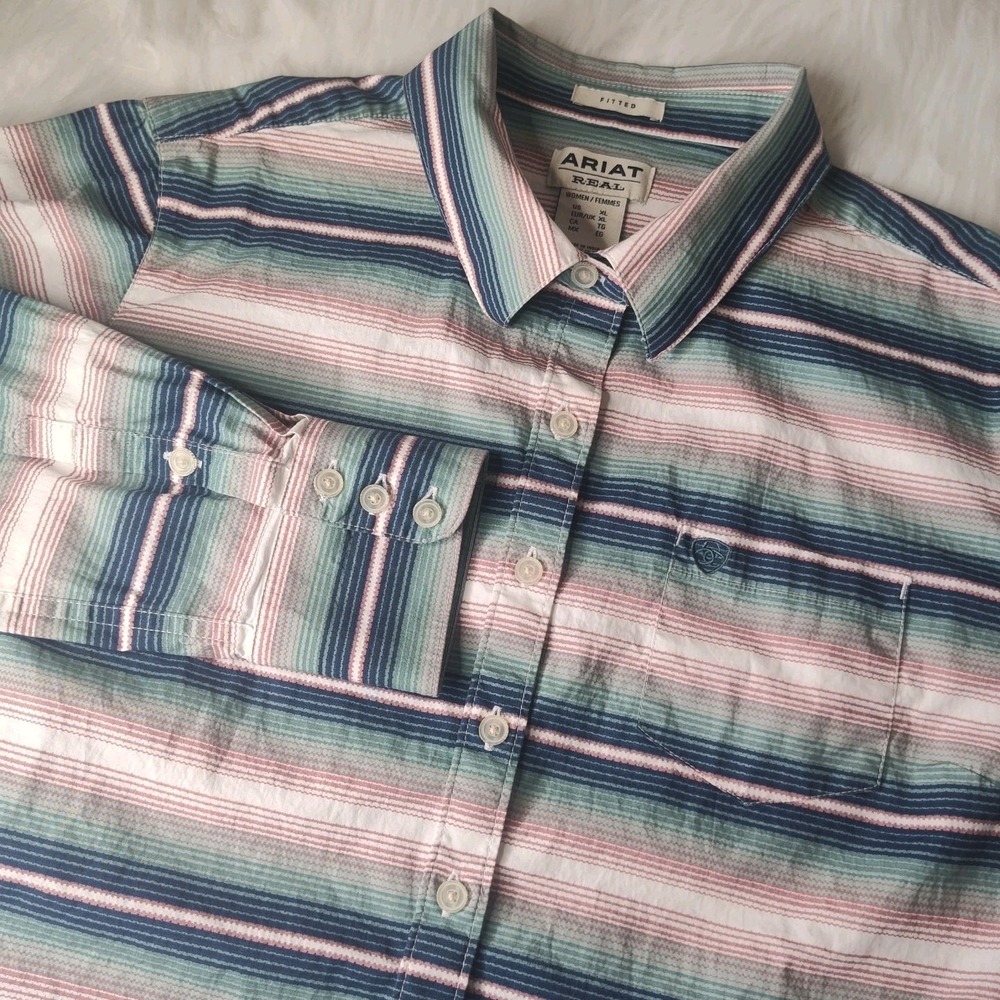 Ariat Real Button Down Shirt Women XL Teal Striped‎ Long Sleeve Fitted Western